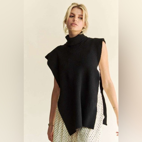 🟠 144B. Turtle Neck Side Slit Knit Pancho - Black - Picture 8 of 15